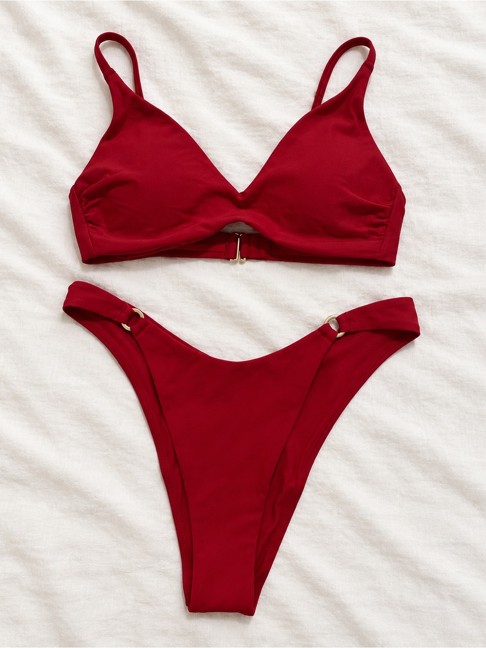 Quince Italian V Neck Top Gold Ring Cheeky Bottom Bikini Set Red S NWT
